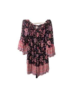 Black Floral Off-Shoulder Boho Dress with Pink Border
